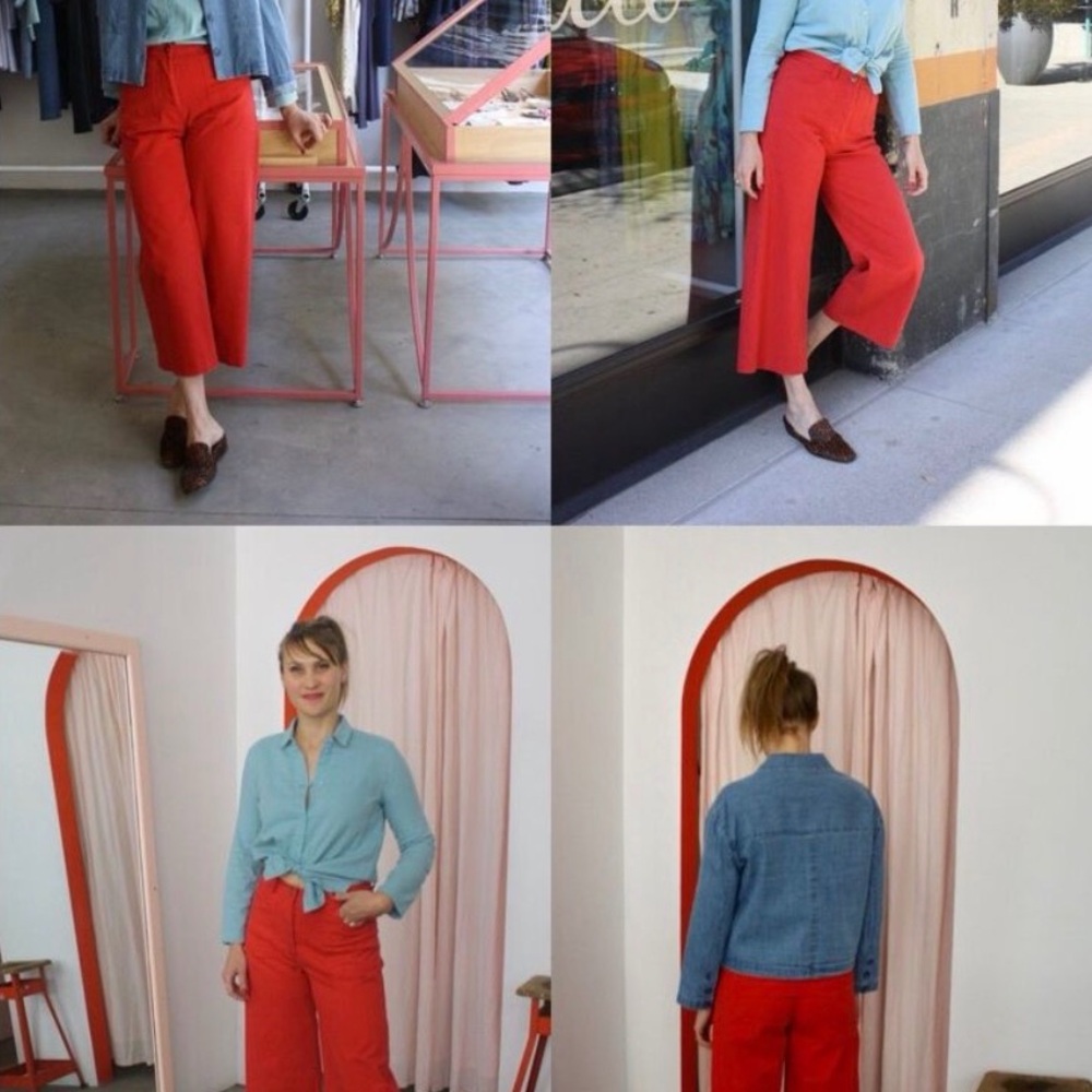 Loup Simone Wide Leg Cropped Red Cotton Blend Button Fly Jean Pants size XS - Picture 3 of 10